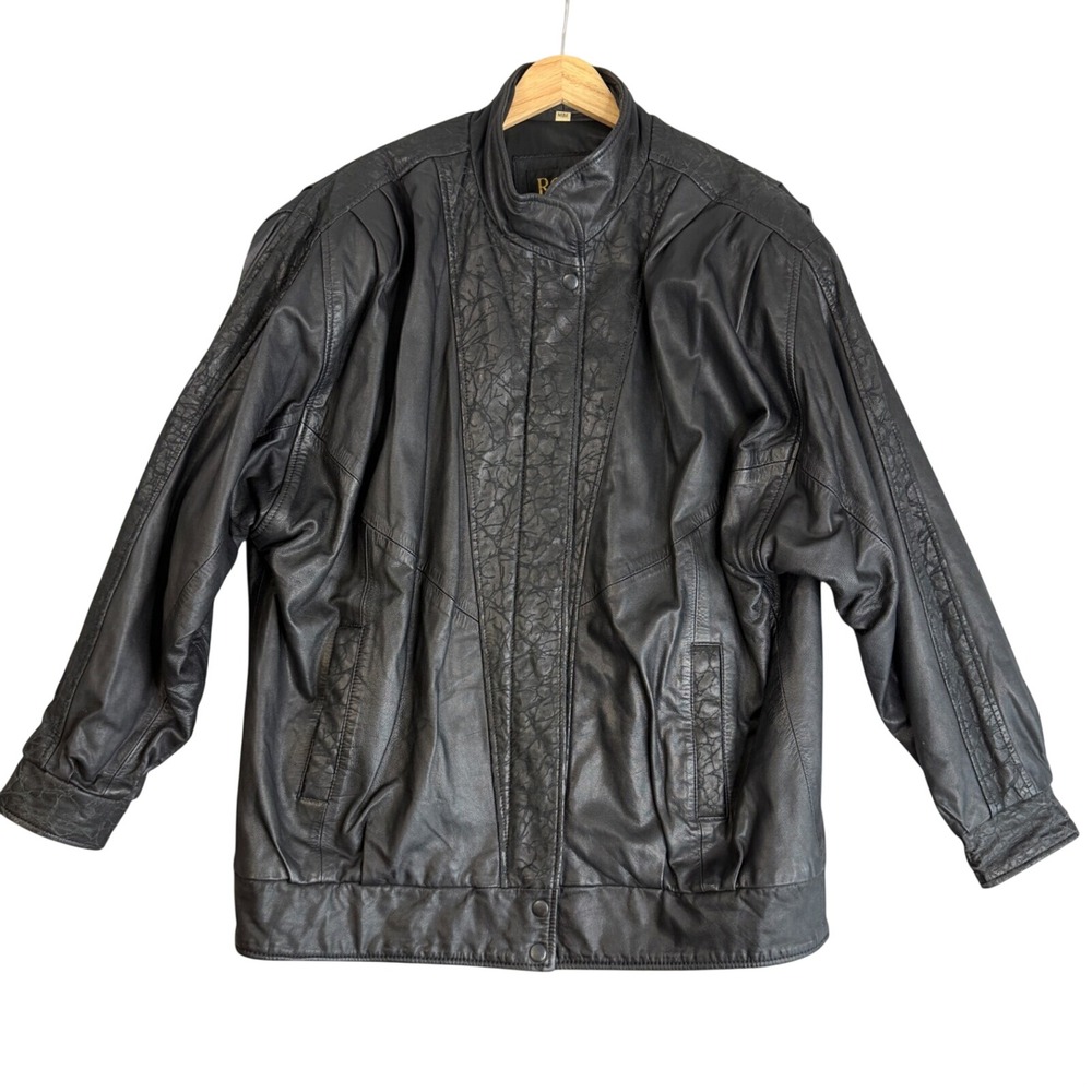 Vintage 80s Black Leather Jacket Womens M Textured Full Zip Oversized Bomber